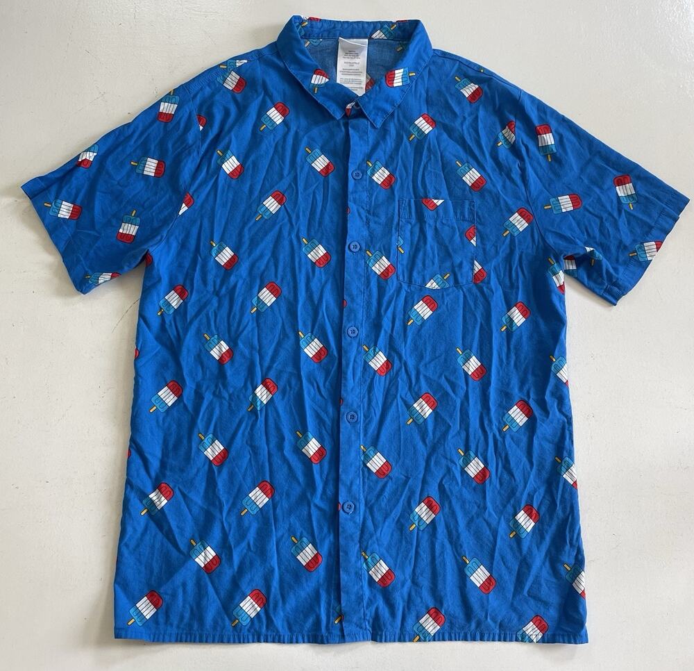 Popsicle Print Shirt Mens Large Bomb Pop Short Sleeve Button Up Summer Novelty
